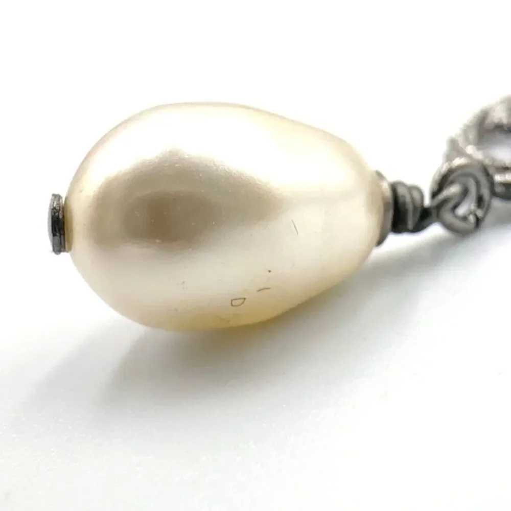 CHANEL Faux Pearl Necklace Silver Metal